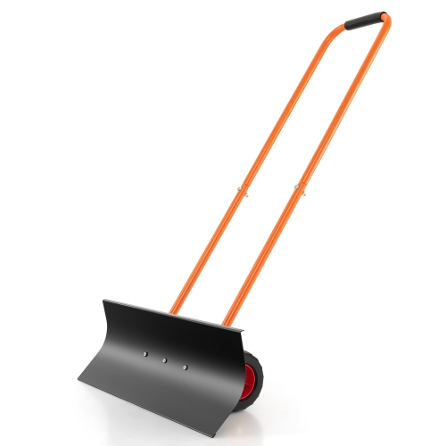 COSTWAY  30" Snow Shovel Heavy-Duty Metal Adjustable Height Wheeled Snow Removal Pusher