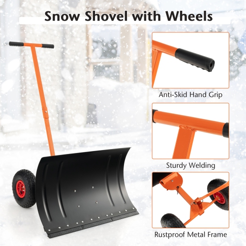 Costway 29" Snow Shovel Heavy-Duty Metal Adjustable Angle & Height Snow Clear with Wheels