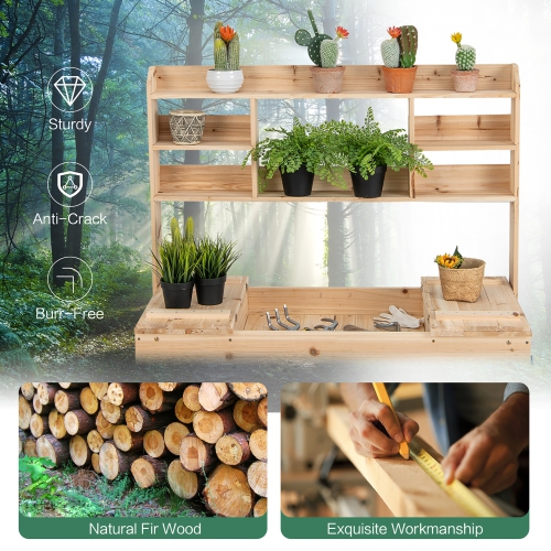 Costway Potting Bench Table Wooden Garden Work Bench Platform with Display Rack Hidden Sink