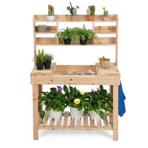 Costway Potting Bench Table Wooden Garden Work Bench Platform with Display Rack Hidden Sink