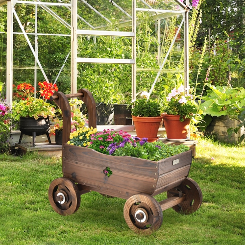 Decorative Wagon Cart Plant Flower Pot Stand Wooden Raised Garden Planter Box