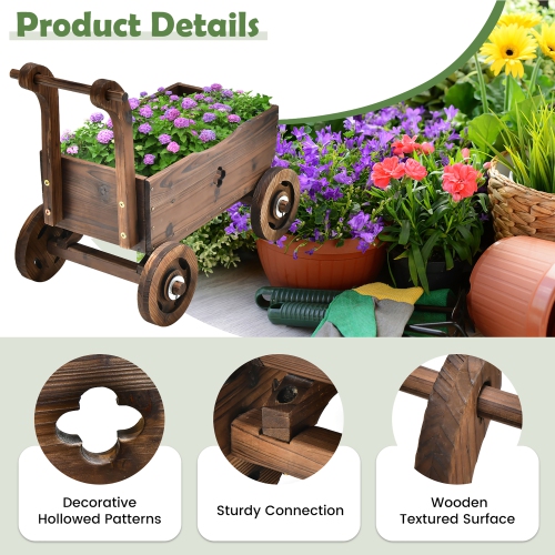 Decorative Wagon Cart Plant Flower Pot Stand Wooden Raised Garden Planter Box