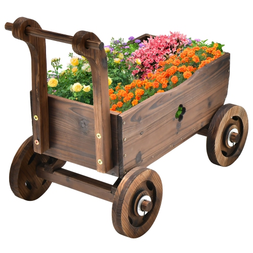 Decorative Wagon Cart Plant Flower Pot Stand Wooden Raised Garden Planter Box