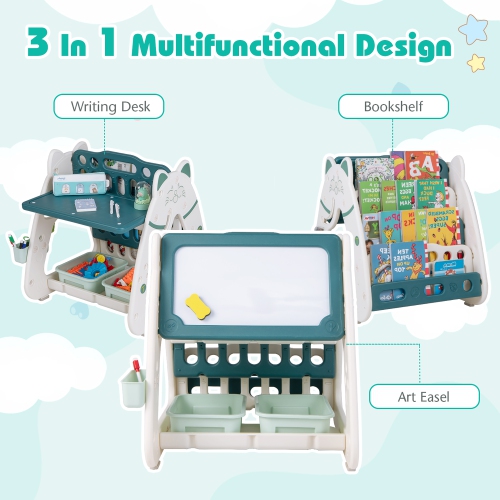 Costway 3-In-1 Kids Art Easel with Stool Magnetic Dry-Erase Board with Book Rack Green