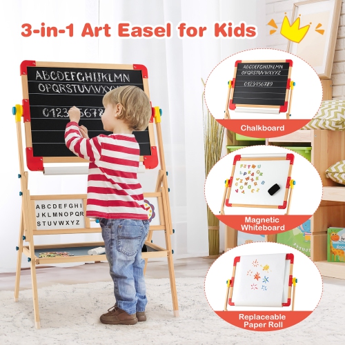 Costway 3-in-1 Wooden Art Easel for Kids Double Sided Easel with Drawing Paper Roll