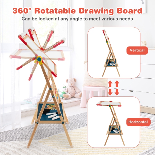 Costway 3-in-1 Wooden Art Easel for Kids Double Sided Easel with Drawing Paper Roll