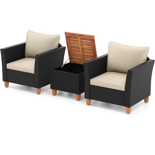 Costway 3PCS Patio Rattan Furniture Set Cushioned Sofa Storage Table with Wood Top