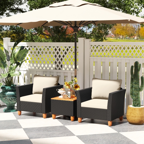 Costway 3PCS Patio Rattan Furniture Set Cushioned Sofa Storage Table with Wood Top