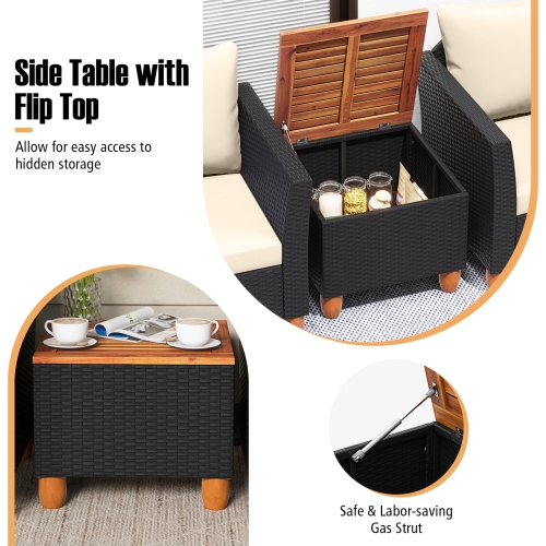 Costway 3PCS Patio Rattan Furniture Set Cushioned Sofa Storage Table with Wood Top