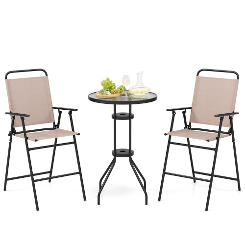 Costway 3PCS Patio Bistro Set Folding Chairs Round Bar Table with 1.6" Umbrella Hole Yard