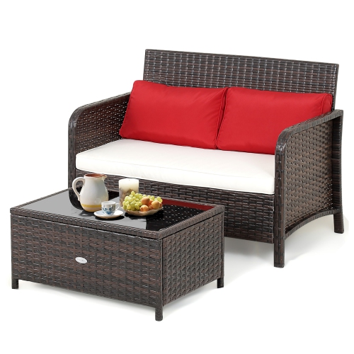 Costway 2PCS Patio Rattan Wicker Love-seat Coffee Table Set Cushioned Bench Garden Deck