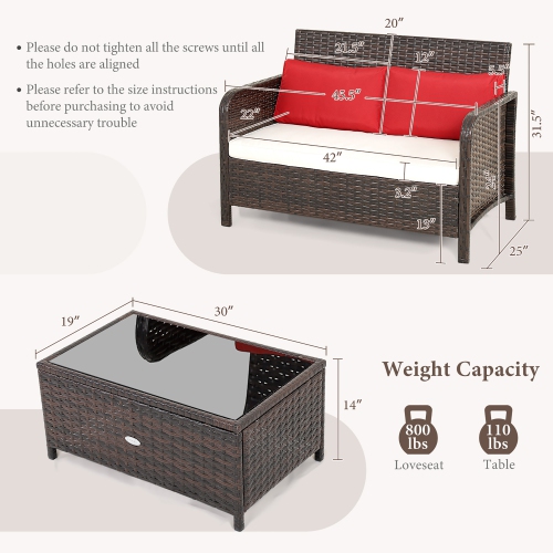 Costway 2PCS Patio Rattan Wicker Love-seat Coffee Table Set Cushioned Bench Garden Deck