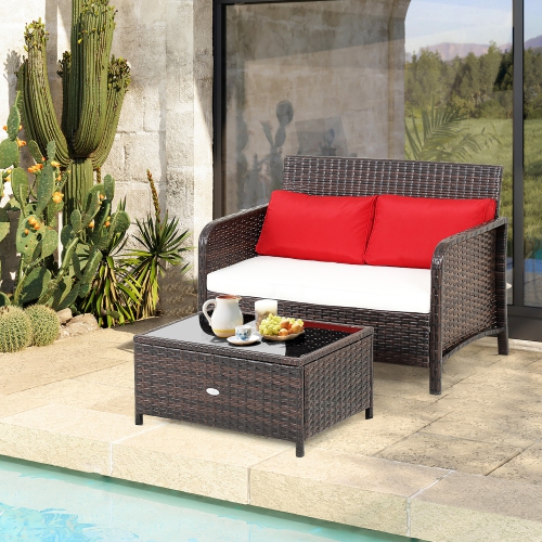 Costway 2PCS Patio Rattan Wicker Love-seat Coffee Table Set Cushioned Bench Garden Deck