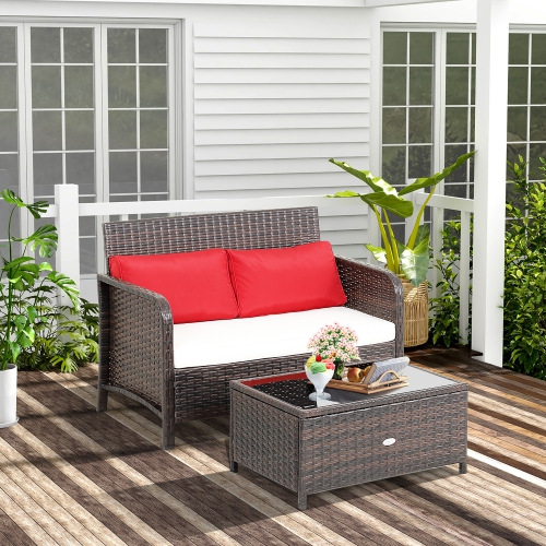 Costway 2PCS Patio Rattan Wicker Love-seat Coffee Table Set Cushioned Bench Garden Deck