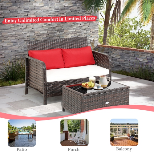 Costway 2PCS Patio Rattan Wicker Love-seat Coffee Table Set Cushioned Bench Garden Deck