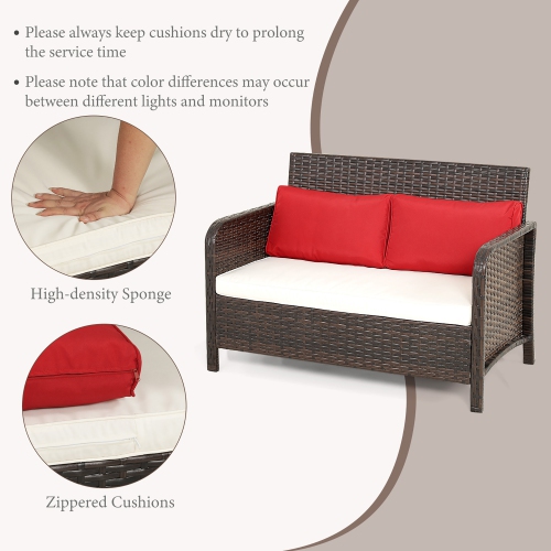 Costway 2PCS Patio Rattan Wicker Love-seat Coffee Table Set Cushioned Bench Garden Deck