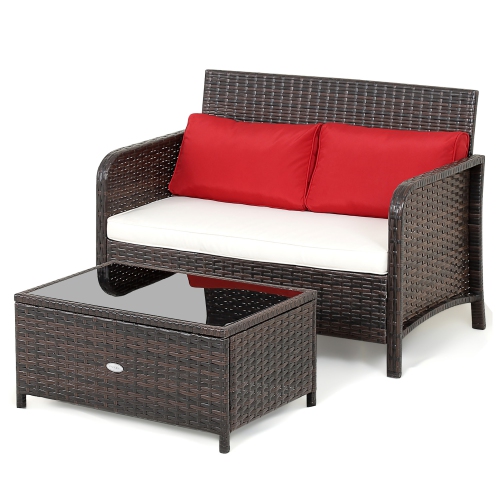Costway 2PCS Patio Rattan Wicker Love-seat Coffee Table Set Cushioned Bench Garden Deck