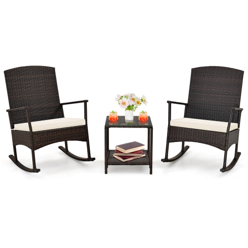 Costway 3 Piece Patio Rocking Set Wicker Rocking Chairs with 2-Tier Coffee Table