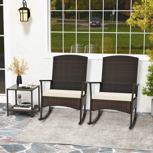 Costway 3 Piece Patio Rocking Set Wicker Rocking Chairs with 2-Tier Coffee Table