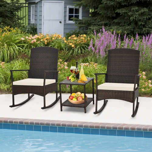 Costway 3 Piece Patio Rocking Set Wicker Rocking Chairs with 2-Tier Coffee Table