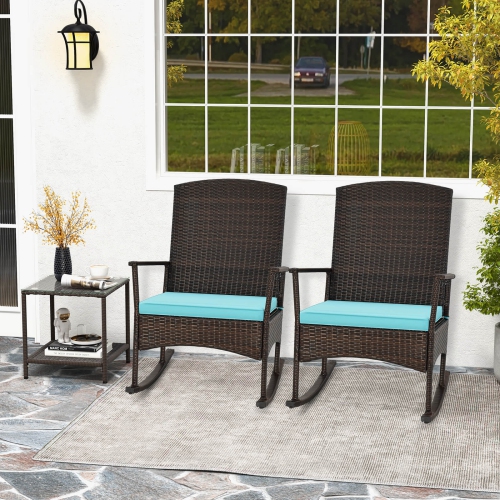 Costway 3 Piece Patio Rocking Set Wicker Rocking Chairs with 2-Tier Coffee Table