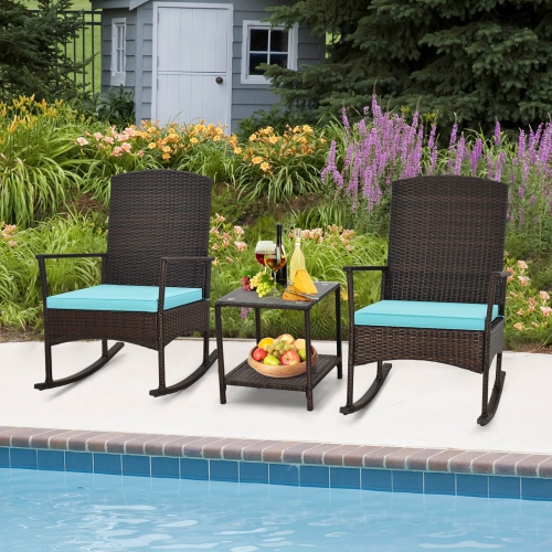 Costway 3 Piece Patio Rocking Set Wicker Rocking Chairs with 2-Tier Coffee Table