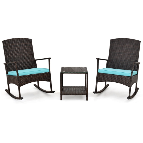 Costway 3 Piece Patio Rocking Set Wicker Rocking Chairs with 2-Tier Coffee Table