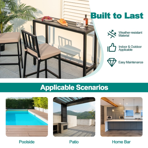 Costway 3PCS Outdoor Metal Bar Table & Chairs Set Patio Dining Table Set with Cushion