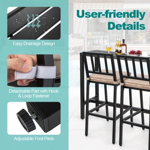 Costway 3PCS Outdoor Metal Bar Table & Chairs Set Patio Dining Table Set with Cushion