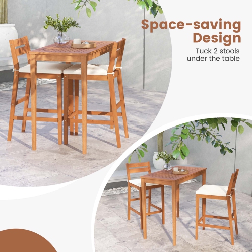 Ensemble patio 3 pièces avec table à manger à hauteur de bar en bois d'eucalyptus de Costway et 2 chaises rembourrées