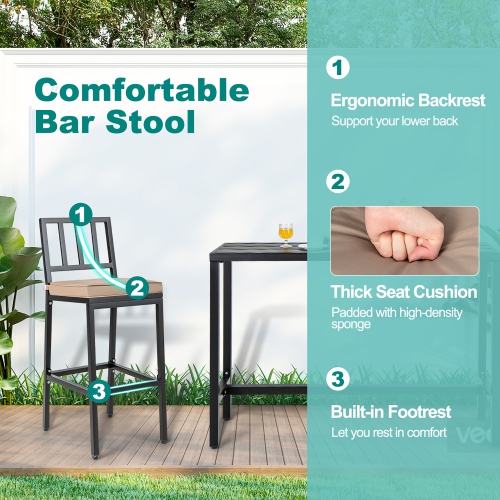 Costway 3PCS Outdoor Metal Bar Table & Chairs Set Patio Dining Table Set with Cushion