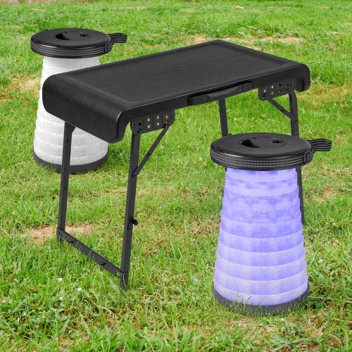 COSTWAY  3-Piece Folding Table Stool Set With A Camping Table & 2 Retractable Led Stools