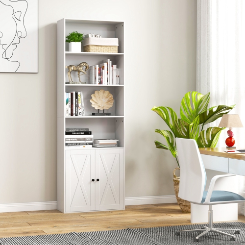 Costway 71" Farmhouse Bookcase with Doors with 6 Shelves & 2-Door Cabinet for Bedroom White