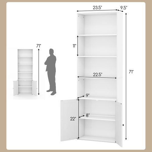 Costway 71" Farmhouse Bookcase with Doors with 6 Shelves & 2-Door Cabinet for Bedroom White