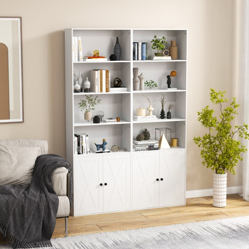Costway 71" Farmhouse Bookcase with Doors with 6 Shelves & 2-Door Cabinet for Bedroom White