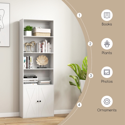 Costway 71" Farmhouse Bookcase with Doors with 6 Shelves & 2-Door Cabinet for Bedroom White
