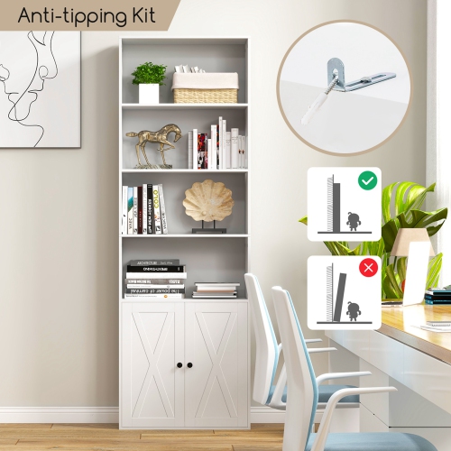 Costway 71" Farmhouse Bookcase with Doors with 6 Shelves & 2-Door Cabinet for Bedroom White