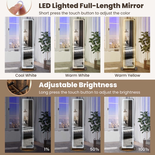 Costway 360° Swivel Jewelry Cabinet Organizer 3-Color LED Mirror with Built-in Lights