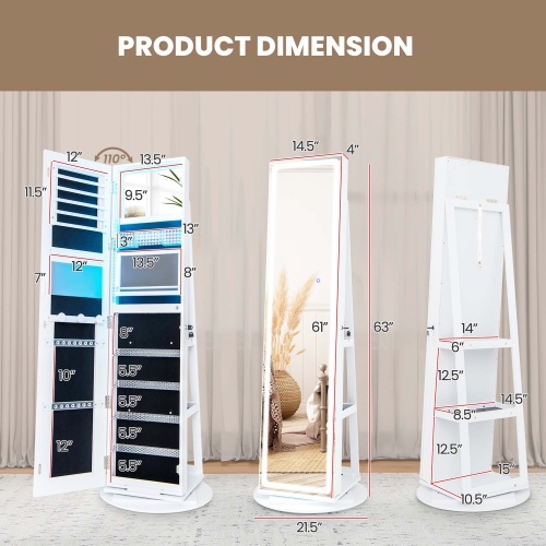 Costway 360° Swivel Jewelry Cabinet Organizer 3-Color LED Mirror with Built-in&nbsp;Lights