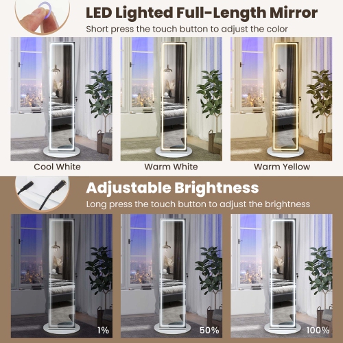 Costway 360° Swivel Jewelry Cabinet Organizer 3-Color LED Mirror with Built-in&nbsp;Lights