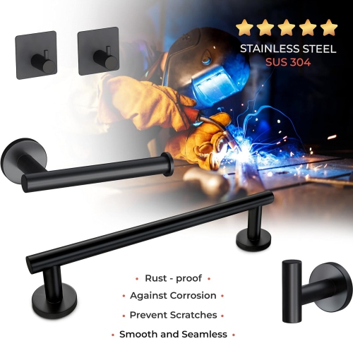 NIERBO 5 Pieces Matte Black Bathroom Hardware Set Wall Mounted - Includes 16 Inch Towel Bar, Toilet Paper Holder, 3 Towel Hooks – SUS304 Stainless