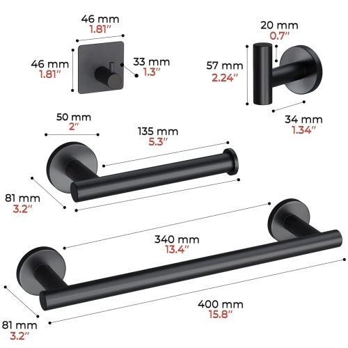 NIERBO 5 Pieces Matte Black Bathroom Hardware Set Wall Mounted - Includes 16 Inch Towel Bar, Toilet Paper Holder, 3 Towel Hooks – SUS304 Stainless