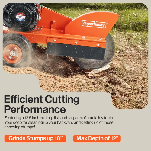 SuperHandy Gas Stump Grinder 9HP Engine - Direct Belt Drive, 12-inch Cutting Performance, 6 Carbide Teeth - Compact & Lightweight