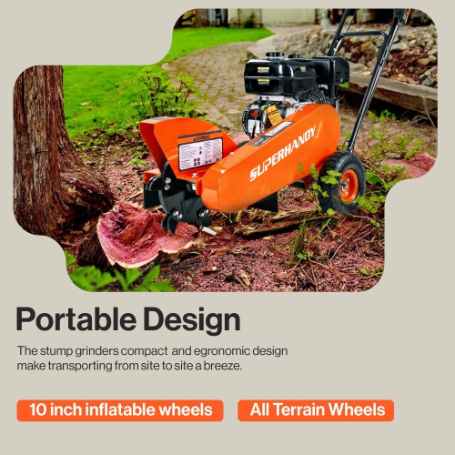 SuperHandy Gas Stump Grinder 9HP Engine - Direct Belt Drive, 12-inch Cutting Performance, 6 Carbide Teeth - Compact & Lightweight