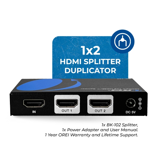 OREI 1x2 HDMI Splitter W/ Audio Out: 1-In 2-Out, UltraHD 8K, EDID