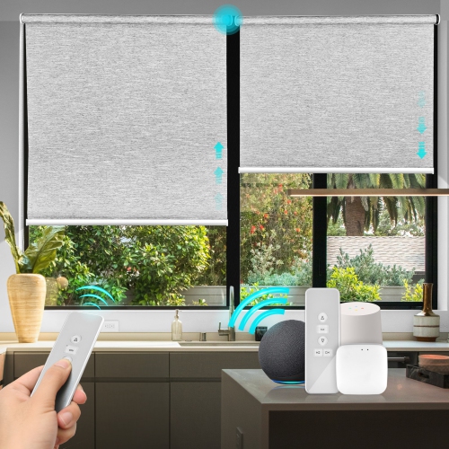 Image 1 of 9.. Smart Blinds for Windows Motorized Roller Blinds & Shades Cordless Window Blinds Electric Blinds with Remote, 30" x 72" + Zigbee Smart Hub Automatic