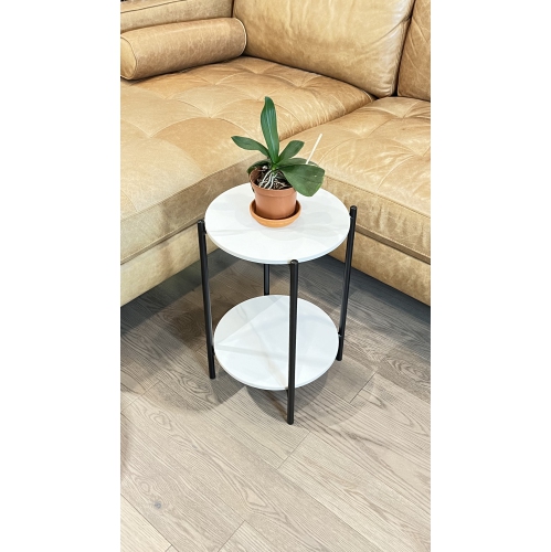 KOSSMAI Round 2-Layer Stone End Side Coffee Table with Metal Legs for Living Room Bed Room Entry Sofa - White/Black
