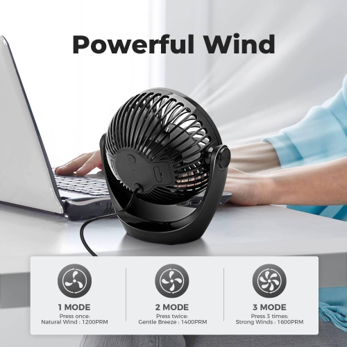 Small USB Desk Fan Table Fan 5'' with Strong Airflow, Portable Cooling Mini Fan 3 Speed, 360°Rotatable Head for Office Home Desktop, Black