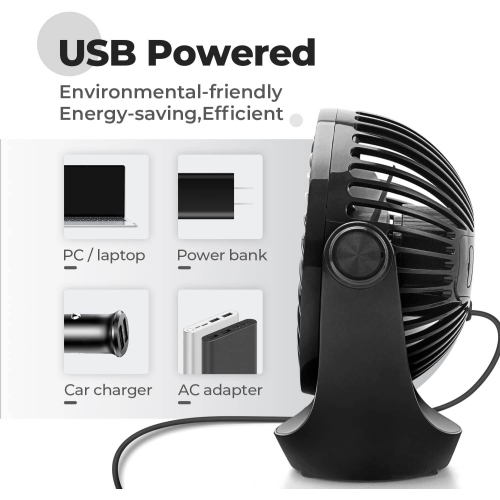 Small USB Desk Fan Table Fan 5'' with Strong Airflow, Portable Cooling Mini Fan 3 Speed, 360°Rotatable Head for Office Home Desktop, Black
