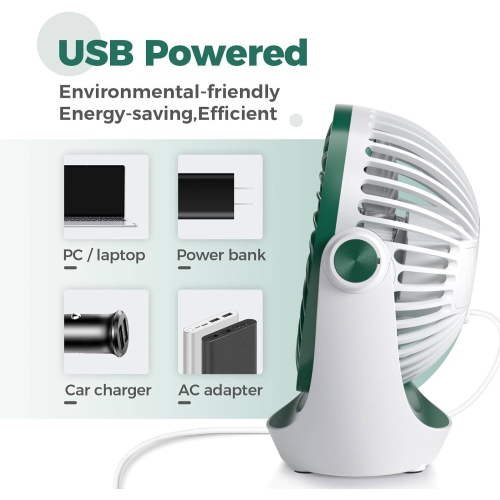 Small USB Desk Fan Table Fan 5'' with Strong Airflow, Portable Cooling Mini Fan 3 Speed, 360°Rotatable Head for Office Home Desktop, Green